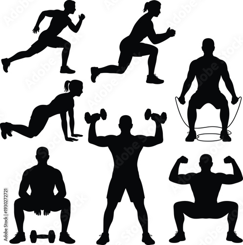 Fitness workout silhouettes collection, men and women performing strength training cardio exercises isolated on white background vector illustration