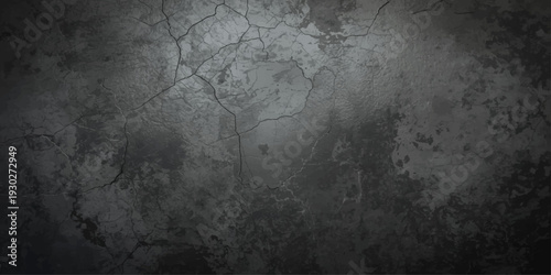 A dark vintage grunge metal texture with a rough black stone and gray concrete pattern creates an aged dirty wall backdrop for a textured cement surface design