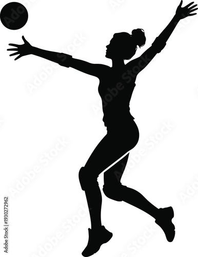 Black silhouette of female volleyball player jumping to serve ball, cad drawing flat vector illustration, athletic woman sports activity icon