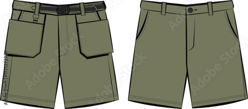 Flat vector CAD illustration of utility cargo shorts with front patch pockets, belt detail, button closure, and casual summer design