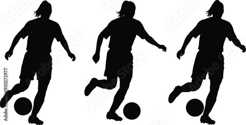 Soccer player dribbling ball silhouettes collection, football athlete action poses isolated on white background vector illustration