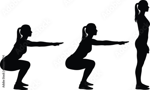 Woman performing squat exercise sequence, female fitness training silhouette isolated on white background vector illustration