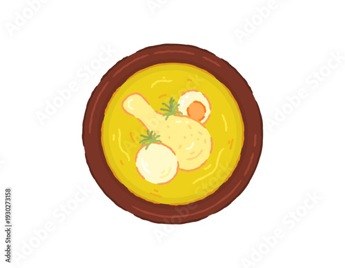 Illustration of a bowl of chicken opor. Chicken and egg dish with yellow coconut milk sauce. Soto or chicken soup. Delicious dish and menu. Flat style illustration with textured outline