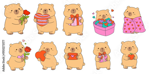 cute Seamless Pattern Capybara Cupid background set. Cute cartoon Kawaii bear Valentine or birthday card, poster, banner hand drawn doodle collection in pastel brown color