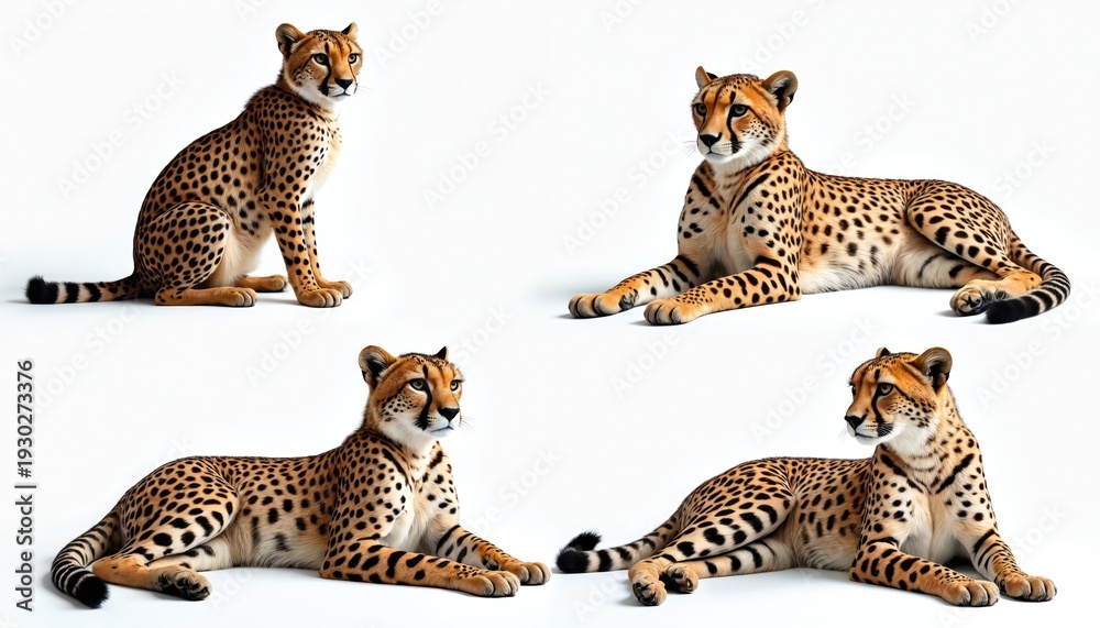 Fototapeta premium Four cheetahs sit, lie on white background. Cheetah unique spots, poses, feline grace. Animals presented in studio setting, isolated for clear view. Image shows spotted cats in natural orange, brown
