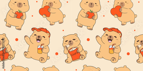 cute Seamless Pattern Capybara Cupid background set. Cute cartoon Kawaii bear Valentine or birthday card, poster, banner hand drawn doodle collection in pastel brown color
