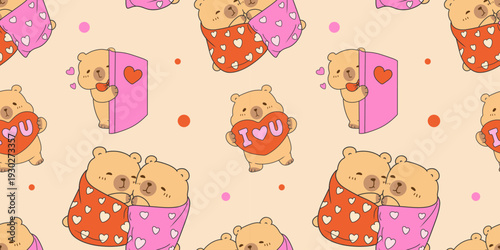 cute Seamless Pattern Capybara Cupid background set. Cute cartoon Kawaii bear Valentine or birthday card, poster, banner hand drawn doodle collection in pastel brown color
