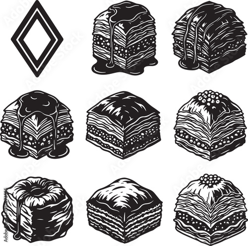 Delicious Baklava Dessert Vector Illustration - Sweet Pastry Icons with Syrup Drizzle