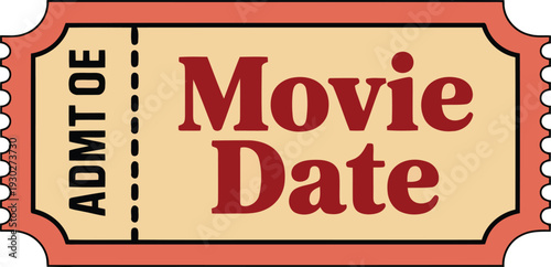 A movie ticket with a red border and red text