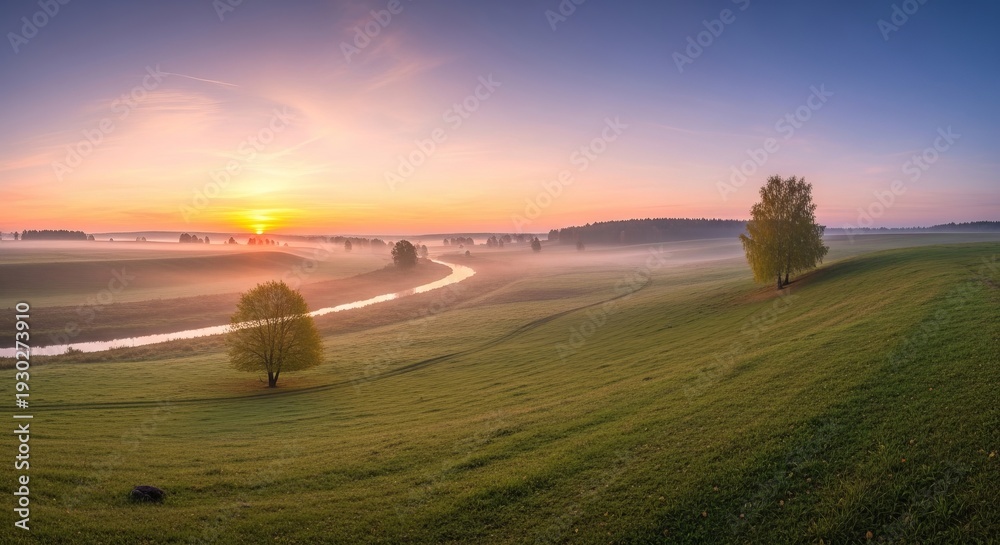 Fototapeta premium Peaceful sunrise over a misty valley with a winding river and rolling green hills.