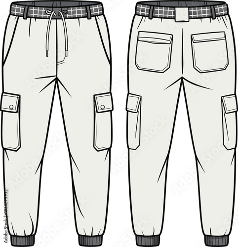 Flat vector CAD sketch of jogger-style cargo pants with drawstring waist, ribbed cuffs, flap pockets, back pockets, and belt detail