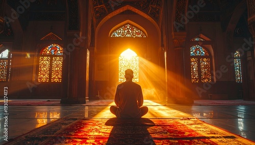Over shoot shoulder silhouette sitting in prayer inside a traditional wooden mosque with a glowing mihrab.