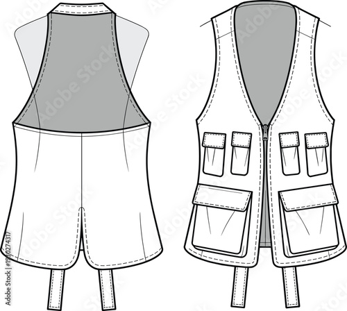 Flat vector CAD sketch of men's tactical utility vest with zipper front, flap pockets, and racerback panel, front and back views
