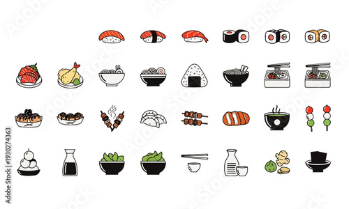 Japanese Food Icon Set – Sushi, Ramen and Traditional Asian Cuisine Vectors