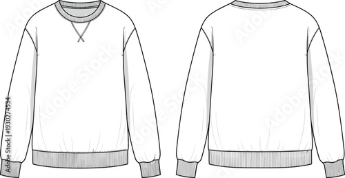 Blank crewneck sweatshirt vector technical fashion flat sketch template front and back view line illustration for clothing apparel design mockups