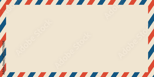 Airmail envelope frame. Commercial envelope. International vintage letter border. Retro air mail postcard with blue and red stripes. Blank correspondence paper template.eps,10