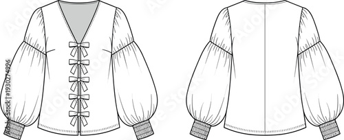Women V neck tie front blouse with long puff balloon sleeves smocked cuffs fashion flat sketch vector technical drawing illustration