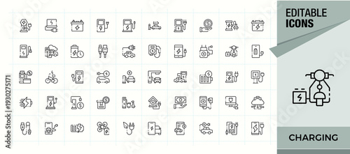 Charging line icon set. Electricity icon. Icons for UI design. Contain linear symbols battery, electrical, charger, electricity, power and more. Editable vector illustration.