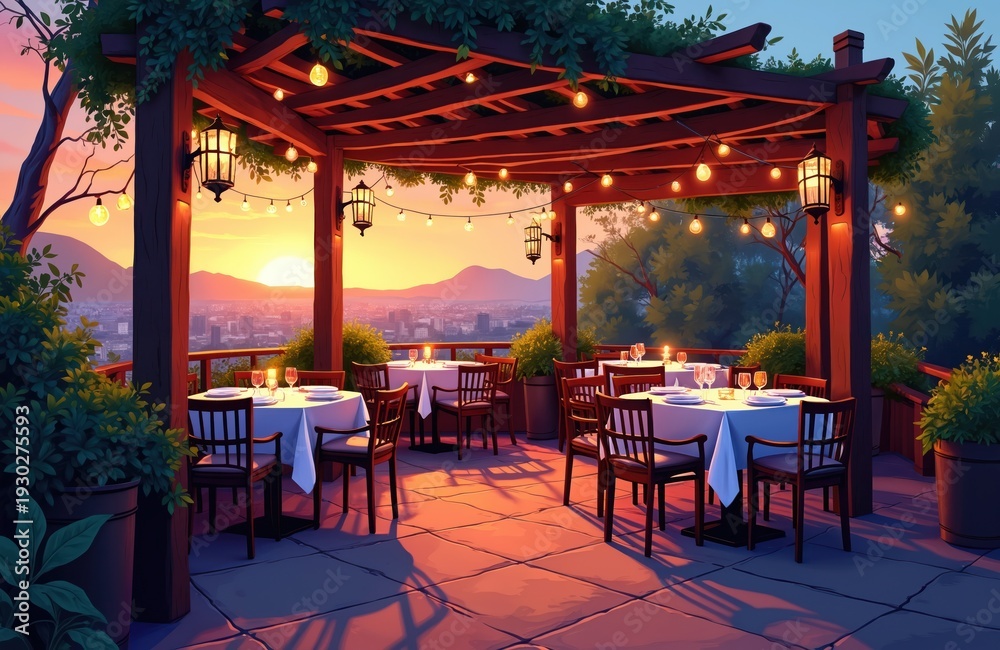 Obraz premium Outdoor restaurant terrace with pergola tables and chairs offers city view at sunset. Romantic dining ambiance with string lights glow, creating peaceful mood for date night.