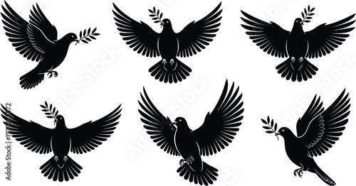 Flying Dove Silhouette Collection with Olive Branch Peace Symbol Black Bird Flat Vector Illustration Set
