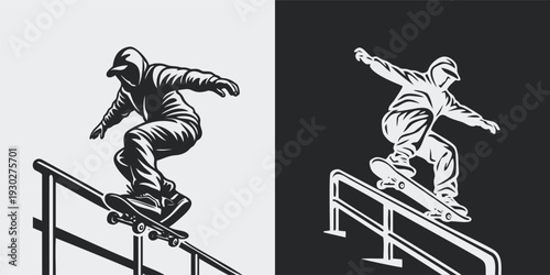 Dynamic Skateboarder Grinding Rail Street Sport Illustration Vector