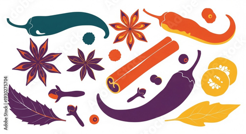 Vibrant illustration of various spices and chili peppers on white background for culinary or food related projects