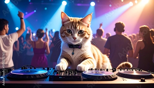 DJ Cat - A Feline Maestro Mixing Beats at a Rave.