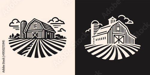 Rustic Farm Barn Silo Rural Landscape Graphic Illustration
