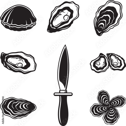 Oyster Shucking Set: Clams, Oysters, and Knife - Minimalist Vector Icons