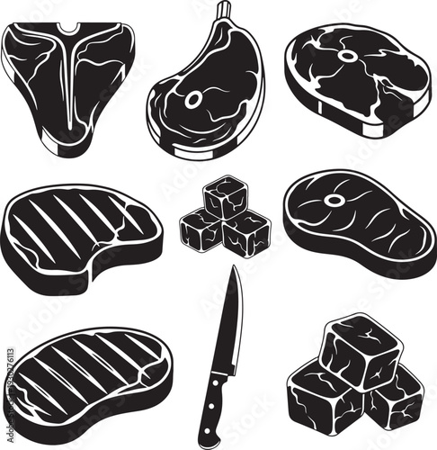 Assorted Beef Steaks and Ice Cubes Vector Set, Butcher Shop and Grilling Icons