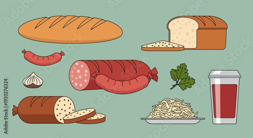 Assortment of Bread, Sausages, and Side Dishes, Including a Drink, Garlic, and Parsley
