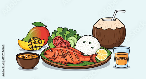 A delicious and healthy tropical meal featuring grilled fish, rice, fresh fruit, and a refreshing coconut drink