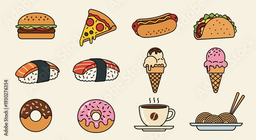A colorful collection of popular fast food and snack icons including burgers, pizza, tacos, donuts, ice cream, and coffee