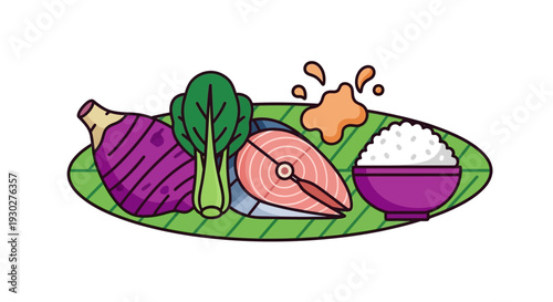 A delicious and healthy meal featuring a salmon steak, fresh vegetables, and rice served on a banana leaf