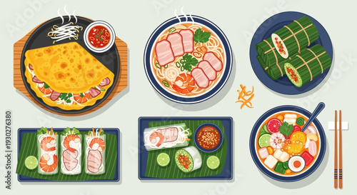 A vibrant and appetizing collection of Vietnamese dishes displayed in a top-down view, showcasing a culinary journey