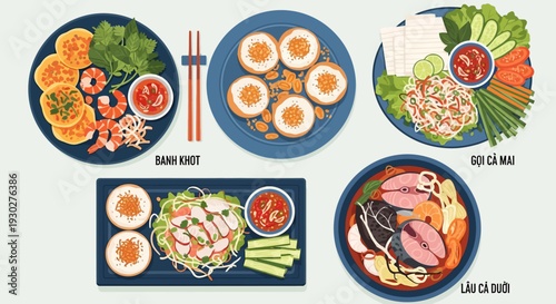 Vietnamese Food Assortment Banh Khot, Goi Cuon, and Lau Ca Dieu
