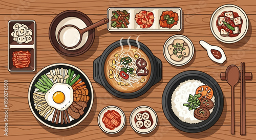 A top-down view of a Korean meal, featuring a variety of traditional dishes and condiments, served on a wooden table
