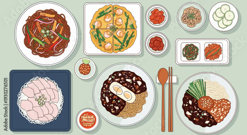 A top-down view of various Korean dishes, showcasing a vibrant spread of traditional culinary delights