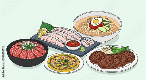 A delicious spread of Korean food including thinly sliced raw fish, bibimbap, and grilled patties