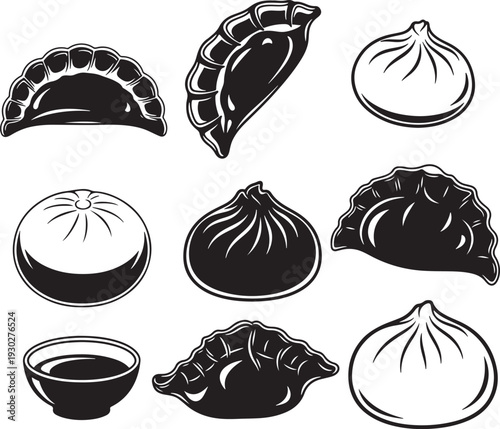 Black and White Dumpling Illustrations with Bowl of Sauce