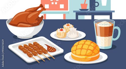 Delicious Asian Cuisine A Variety of Authentic Foods, Including Grilled Skewers, Steamed Dumplings, and Sweet Buns