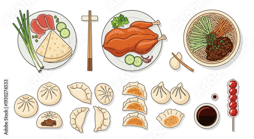 Collection of Delicious Chinese Food Items Including Roasted Duck, Dumplings, and Pancakes, Illustrated in a Top-Down View