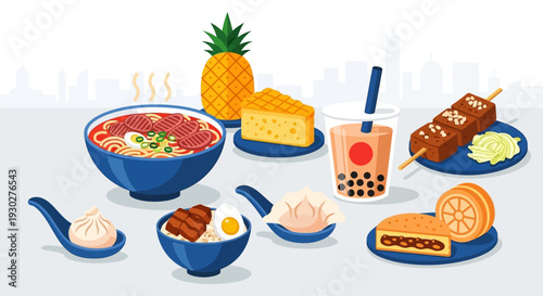 A delicious assortment of Asian cuisine and desserts, including ramen, dumplings, and bubble tea, set against a cityscape