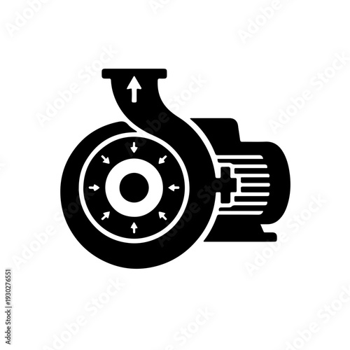 Black and white minimalist icon of an industrial centrifugal pump. Ideal for irrigation systems, mechanical engineering diagrams, and fluid management symbols
