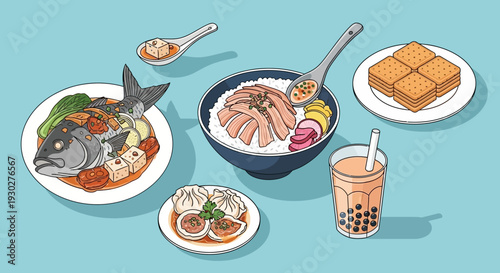 A diverse collection of delicious Asian cuisine, featuring steamed fish, dumplings, rice bowls, and bubble tea