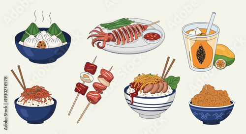 Collection of Delicious Asian Cuisine and Tropical Drinks Featuring Steamed Dumplings, Grilled Squid, Skewers, Rice Bowls, and Papaya Smoothie