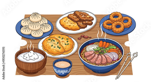 A vibrant illustration of a diverse spread of delicious and authentic Asian cuisine presented beautifully on wooden platters and bowls