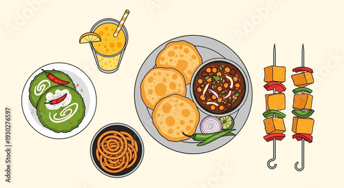 A visually delightful arrangement of Indian cuisine, showcasing a variety of popular dishes and beverages