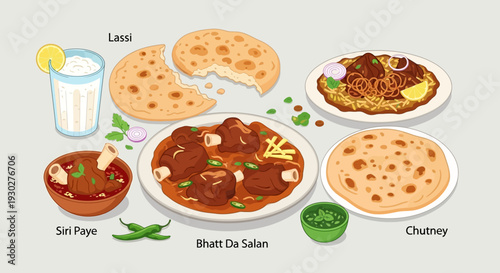 A delightful spread of traditional Pakistani cuisine, featuring mouthwatering curry, naan, and a refreshing lassi drink