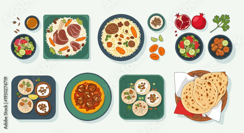 A vibrant and diverse spread of Middle Eastern cuisine, showcasing traditional dishes and fresh ingredients arranged beautifully for a culinary celebration